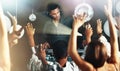 DJ, party and disco people on dance floor for celebration, night life and techno, rave or festival hands in air. Club Royalty Free Stock Photo