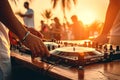 Dj Party at Sunset Beach, Summer Vacation Outdoor, Disc Jockey Hands Playing, Generative AI Illustration