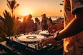 Dj Party at Sunset Beach, Summer Vacation Outdoor, Disc Jockey Hands Playing, Generative AI Illustration