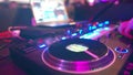 dj playing on controller at nightclub, man mixing music at party with turntable emulation