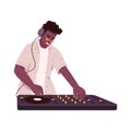 DJ playing electronic music with audio controller. Happy black American man at console mixer mixing sounds and tacks