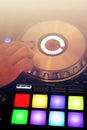 Dj playing and mixing music on turntable controller.