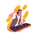 DJ playing records at electronic audio controller. Man enjoying music at console mixer, mixing sounds with turntable