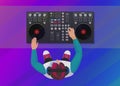 DJ playing vinyl on the neon color light background. Top view. DJ Interface workspace mixer console turntables. Night Royalty Free Stock Photo