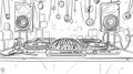 DJ Turntables and Mixer Setup with Speakers and Lights in Sketch Style Royalty Free Stock Photo