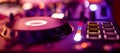 DJ Spinning, Mixing, and Scratching in a Night Club. DJ playing music at mixer . Closeup. Party. Royalty Free Stock Photo