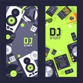 DJ stuff on vertical banner, nightclub party invitation, electronic music festival, vector illustration