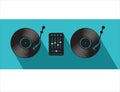 DJ Table with turntables mixer and vinyl records vector illustration