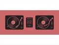 DJ Table with turntables mixer and vinyl records vector illustration
