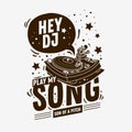 DJ Themed Typographic Tee Print Design With A Turntable Illustration On A White Background.