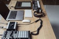 DJ tools for creating electronic music on a wooden table Royalty Free Stock Photo