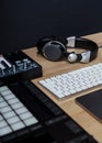 DJ tools for creating electronic music on a wooden table Royalty Free Stock Photo