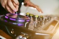DJ turntable console mixer controlling Royalty Free Stock Photo