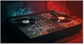DJ turntable setup with two vinyl records, featuring a central mixing console. It Royalty Free Stock Photo