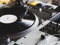 Dj uses turntable and mixer for scratching Royalty Free Stock Photo