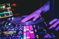 DJ vinyl players in dark nightclub, party in the dance club