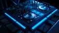 Dj& x27;s turntable is lit up with blue lights in the dark. Generative AI