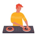 DJ young stylish man on musical party vector illustration. Cartoon flat male DJ character with turntable mixer making Royalty Free Stock Photo