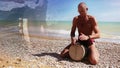 Djembe Drum Player beat rythm on the lonely beach
