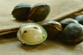 Djenkol bean or luk nieng fruit tropical plant on wooden board