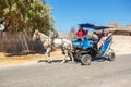 DJERBA, TUNISIA, July 27, 2016: A white horse harnessed to a cart carries tourists along the roadway
