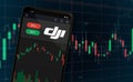 dji logo on mobile phone screen company shares rise or fall on stock exchange market Royalty Free Stock Photo