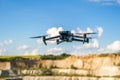 DJI Mavic 3 is explore consumer drone with unique tele camera scout and plan your shots hanging in the air with fast-spinning Royalty Free Stock Photo