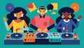 The DJs show off their turntable tricks impressing the crowd with their ability to create new sounds from familiar Royalty Free Stock Photo