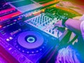 DJs are turntablism turntables plate mixer night party pub Motion blur wite light sunset Royalty Free Stock Photo