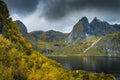 Djupford and the summit of Munken on a cloudy autmun day Royalty Free Stock Photo