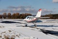 DLOUHA LHOTA  CZECH REP - JAN 27  2021. SportCruiser small sports plane. The small SportCruiser takes off on a snowy runway Royalty Free Stock Photo