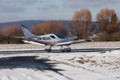 DLOUHA LHOTA CZECH REP - JAN 27 2021. SportCruiser small sports plane. The small SportCruiser takes off on a snowy runway