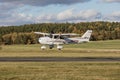 DLOUHA LHOTA, CZECH REPUBLIC - 11 Nov 2023. Cessna 172S Skyhawk SP takes off at the airport in Dlouha Lhota. The Cessna 172