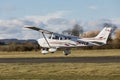 DLOUHA LHOTA, CZECH REPUBLIC - 11 Nov 2023. Cessna 172S Skyhawk SP takes off at the airport in Dlouha Lhota. The Cessna 172