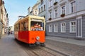 Dluga street in Bydgoszcz with old tram used as tourist information Royalty Free Stock Photo