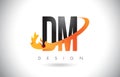 DM D M Letter Logo with Fire Flames Design and Orange Swoosh.