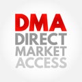 DMA Direct Market Access - access to the electronic facilities and order books of financial market exchanges, acronym text concept Royalty Free Stock Photo