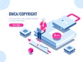 DMCA data copyright isometric icon, content security, book with lock, electronic digital contract, young man with laptop