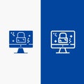 Dmca Protection, Monitor, Screen, Lock Line and Glyph Solid icon Blue banner Line and Glyph Solid icon Blue banner