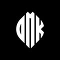 DMK circle letter logo design with circle and ellipse shape. DMK ellipse letters with typographic style. The three initials form a