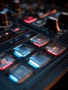 DMX Lighting Controller With Glowing Buttons, Sliders in a Dark Tech Setting During a Live Event Royalty Free Stock Photo