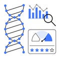 DNA analysis and data visualization concept with helix structure, charts, magnifying glass, and rating scale Royalty Free Stock Photo