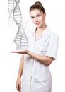 DNA chains flows from hand of young female doctor. Royalty Free Stock Photo