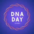 DNA day typography poster. Science concept vector illustration. Neon helix of human DNA molecule. Easy to edit template for banner