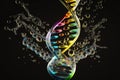 DNA double helix genetic material. Gene sequencing abstract design. Floating in water rainbow drop background.