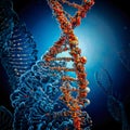 DNA double helix rotating and glowing on blue background. AI Generative