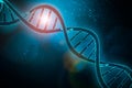 DNA double helix strands on blue background 3D rendering illustr