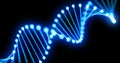 DNA gene helix spiral 3D loop, chromosome molecule cell of blue light on black background. DNA molecule or genome cell for