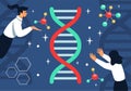 Dna, gene inheritance, biology science. Woman and man holding and explore genome, medicine discovery. Scientific Royalty Free Stock Photo