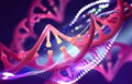 DNA genome decoding colorful design concept. Purple macro fantasy of a digital microscope. Laboratory research of molecular partic